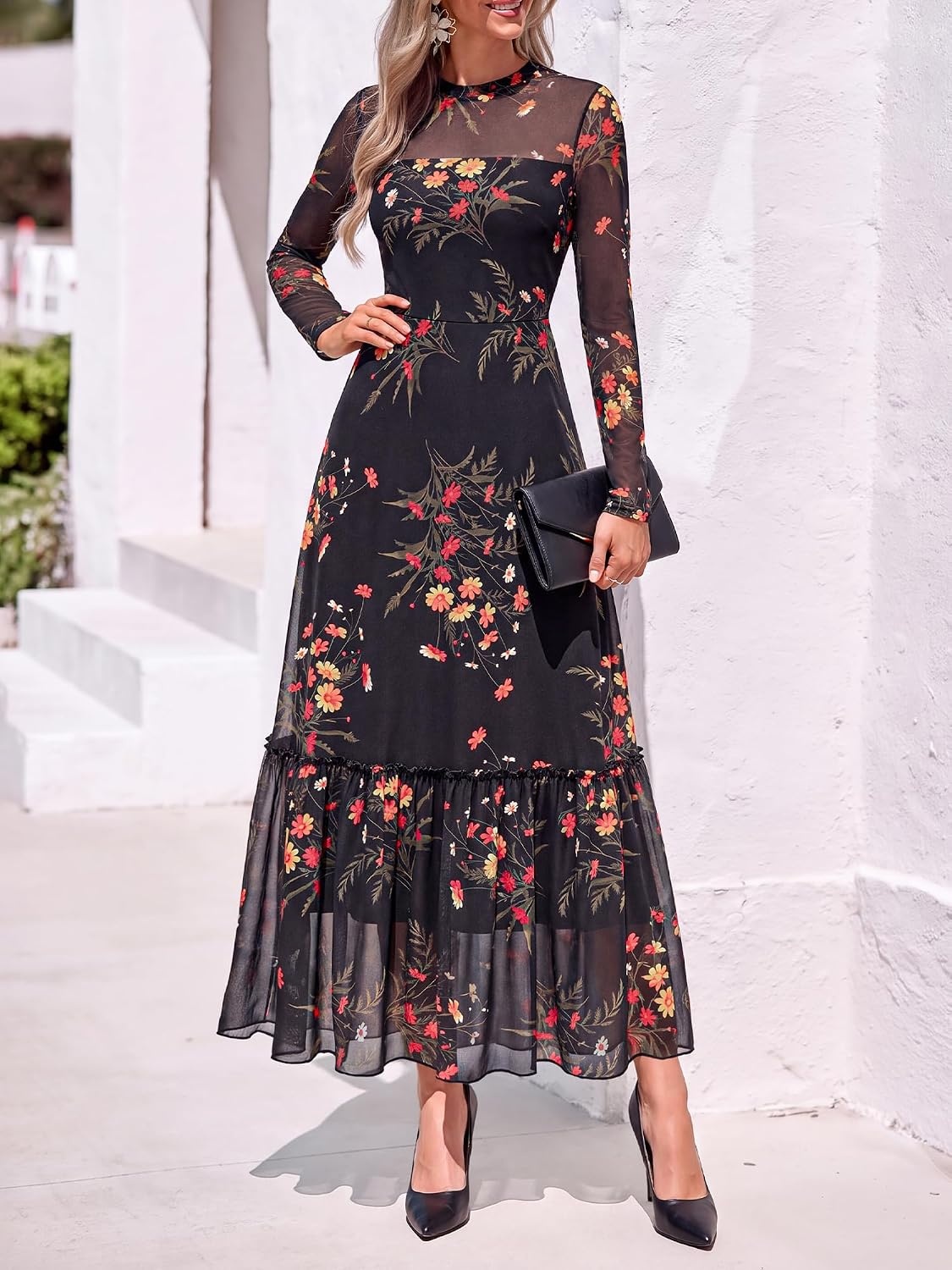 image:imageBTFBM Boho Mesh Long Sleeve Dress for WomenFloral Black Yellow