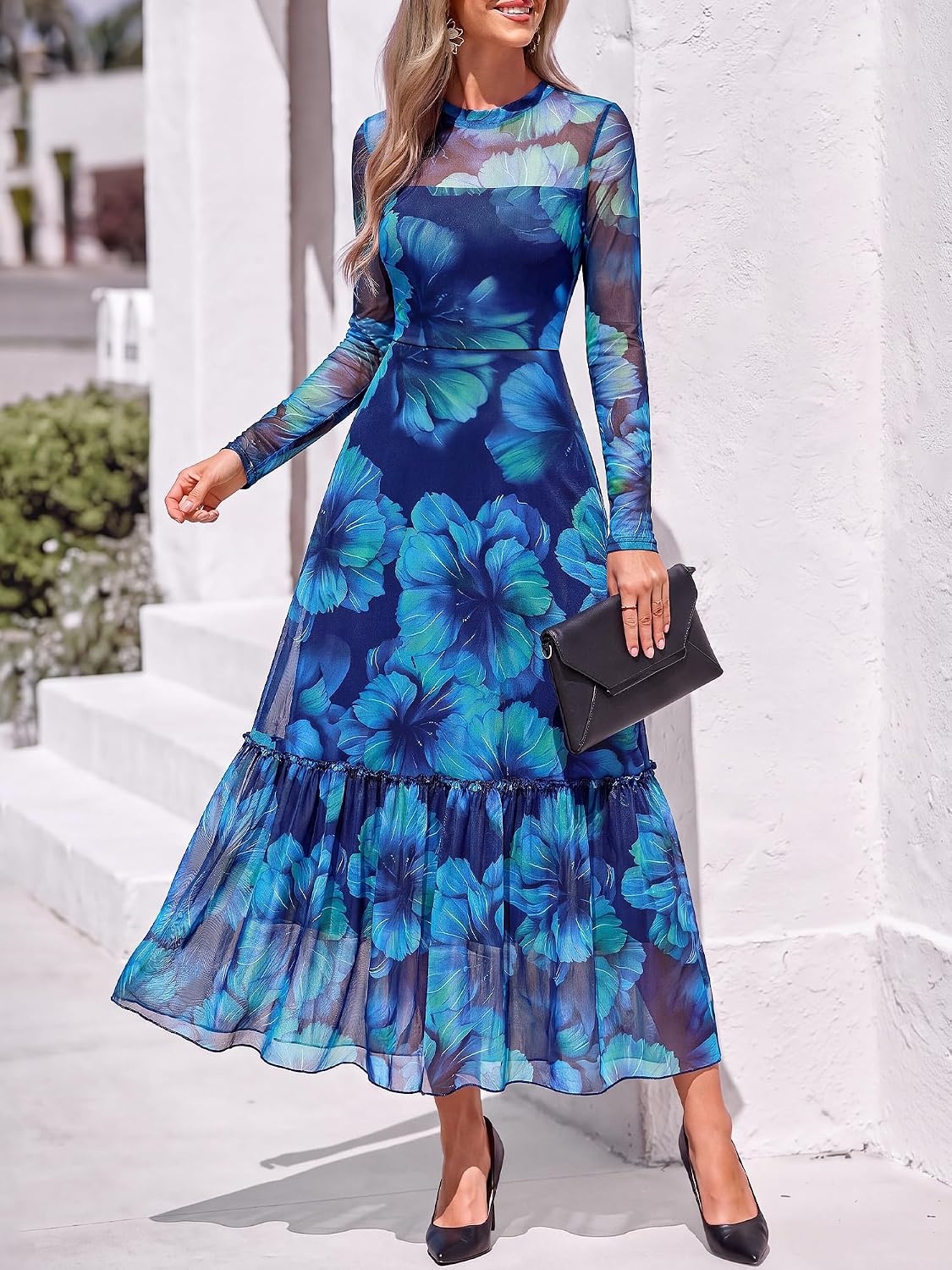 image:imageBTFBM Boho Mesh Long Sleeve Dress for WomenFloral Navy Green