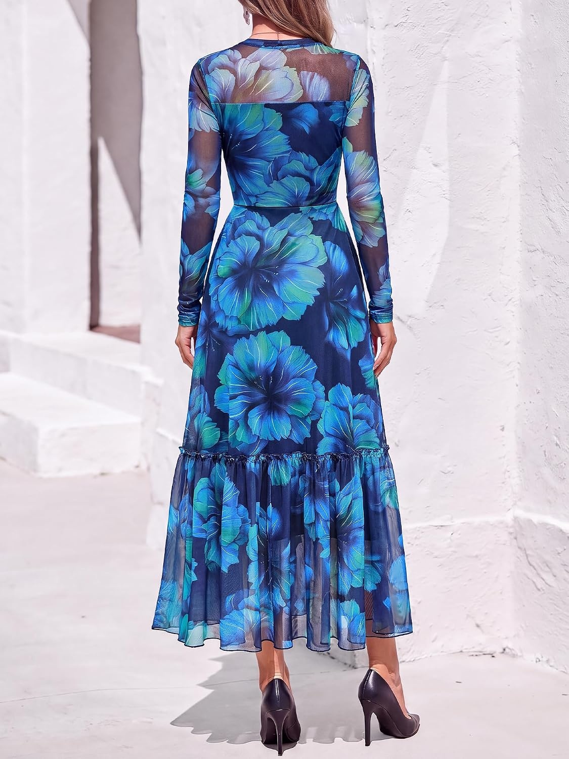image:imageBTFBM Boho Mesh Long Sleeve Dress for WomenFloral Navy Green