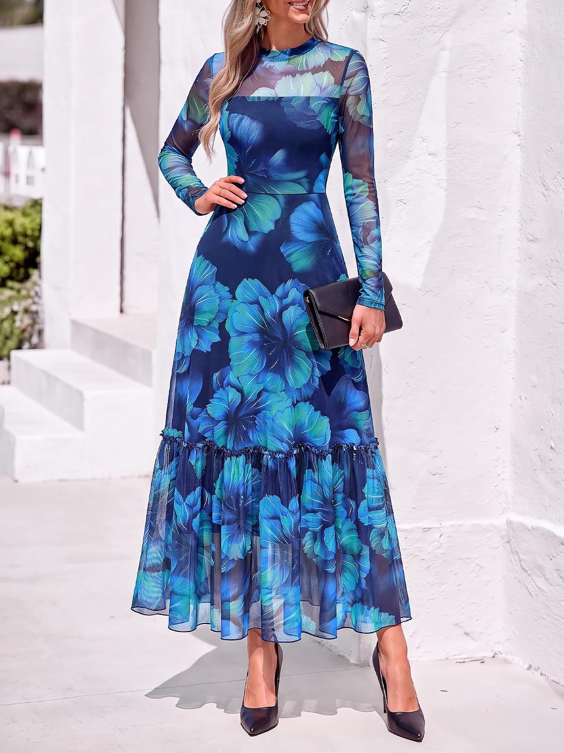 image:imageBTFBM Boho Mesh Long Sleeve Dress for WomenFloral Navy Green