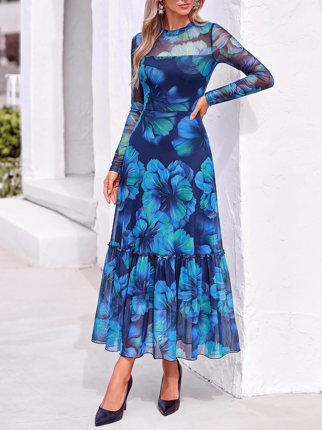 image:imageBTFBM Boho Mesh Long Sleeve Dress for WomenFloral Navy Green
