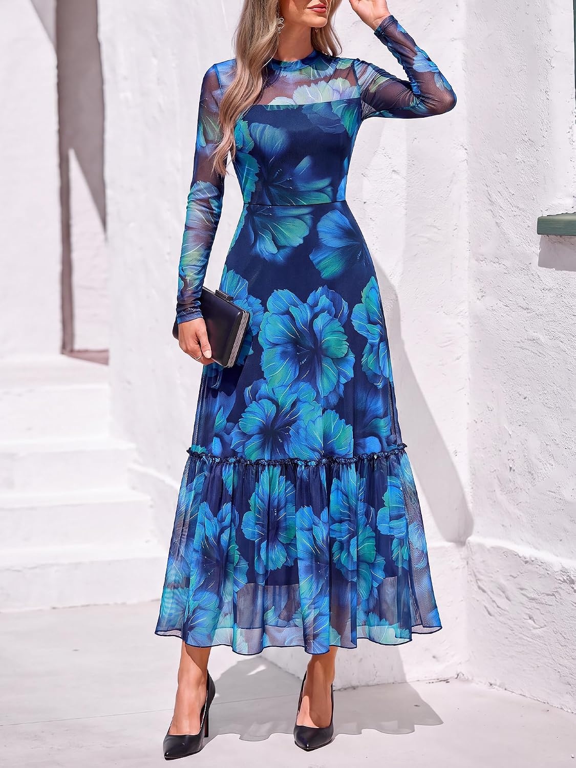 image:imageBTFBM Boho Mesh Long Sleeve Dress for WomenFloral Navy Green