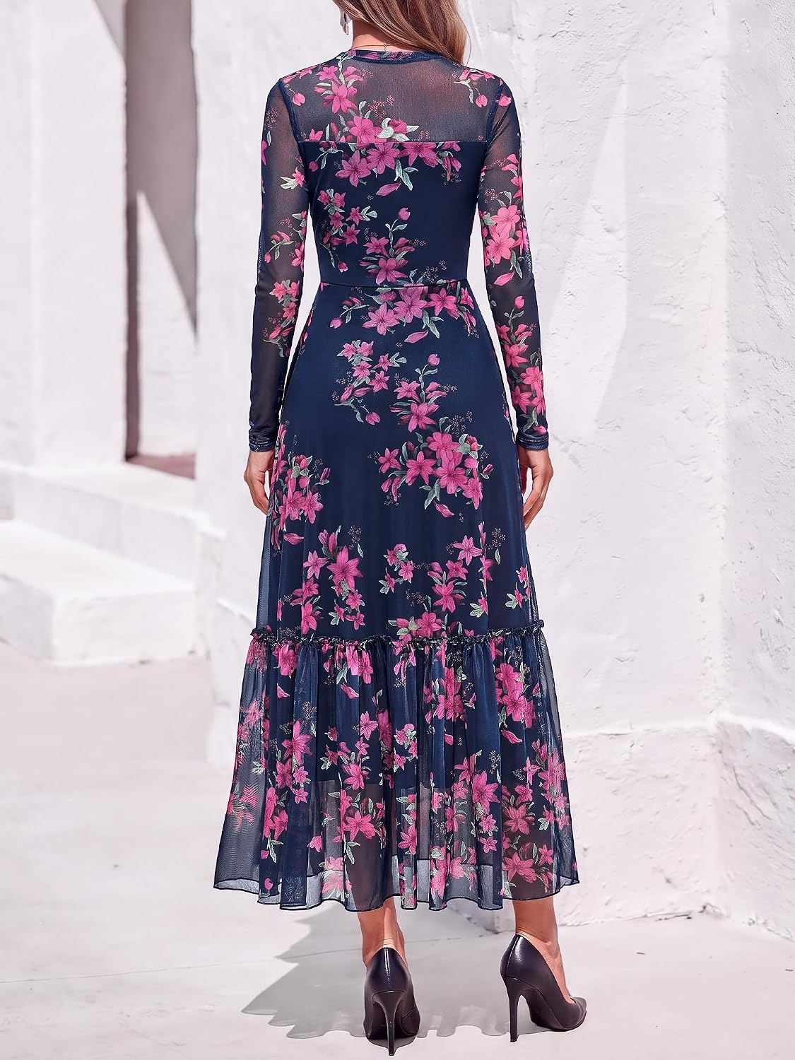 image:imageBTFBM Boho Mesh Long Sleeve Dress for WomenFloral Navy Pink