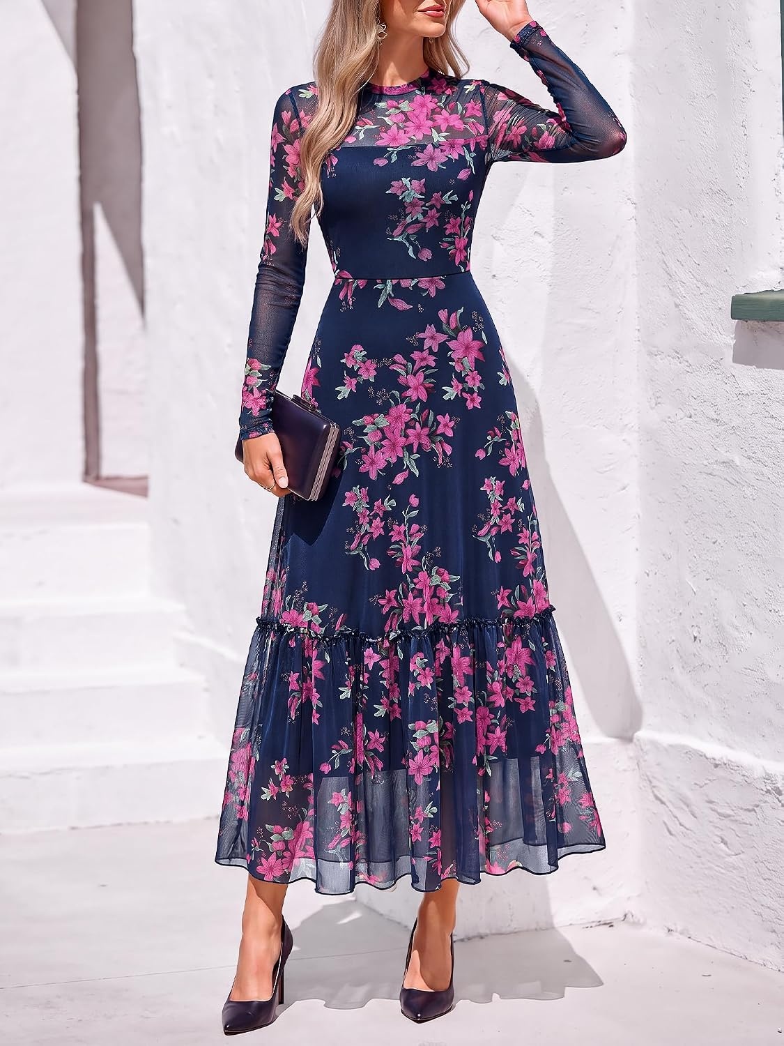 image:imageBTFBM Boho Mesh Long Sleeve Dress for WomenFloral Navy Pink