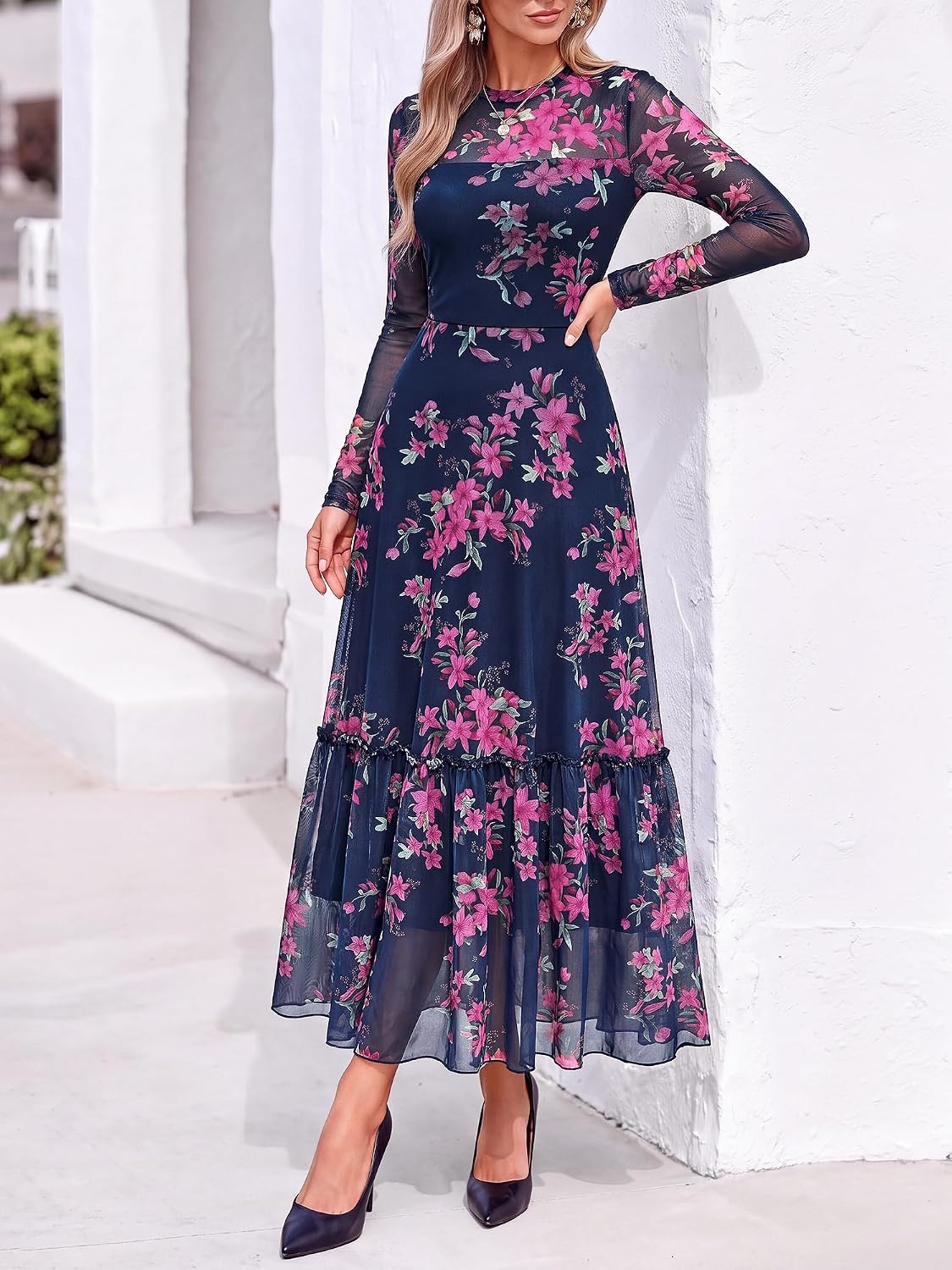 image:imageBTFBM Boho Mesh Long Sleeve Dress for WomenFloral Navy Pink