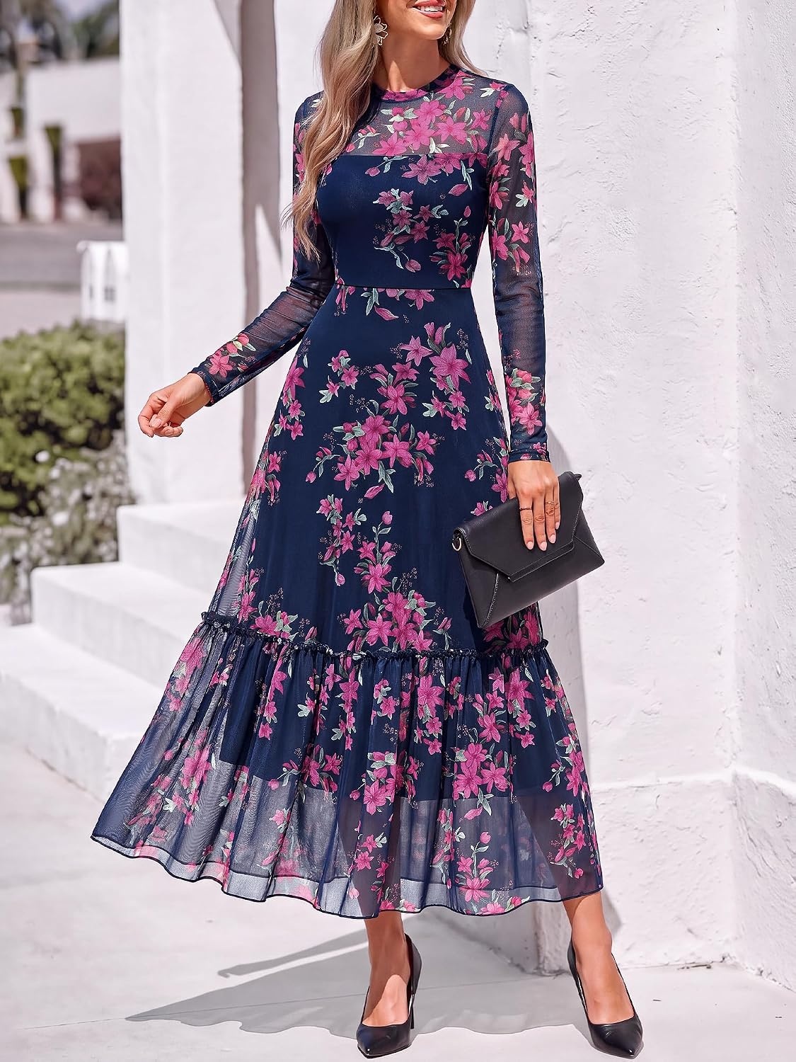 image:imageBTFBM Boho Mesh Long Sleeve Dress for WomenFloral Navy Pink