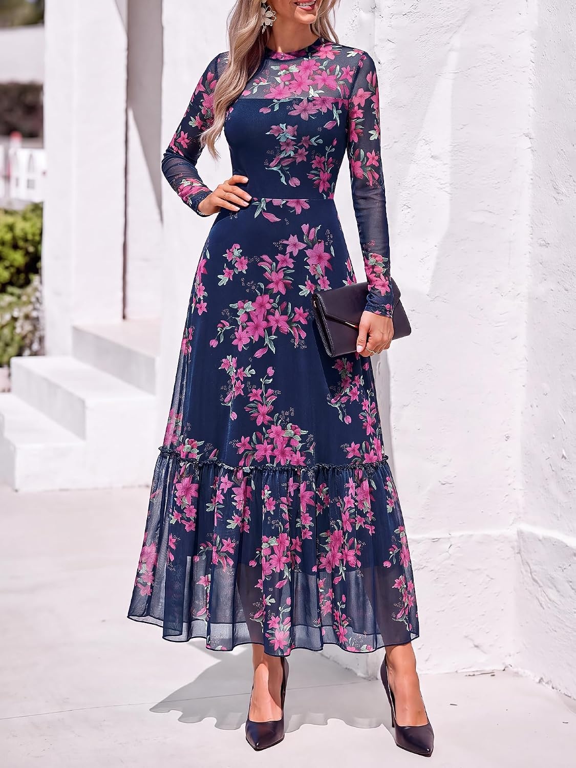 image:imageBTFBM Boho Mesh Long Sleeve Dress for WomenFloral Navy Pink
