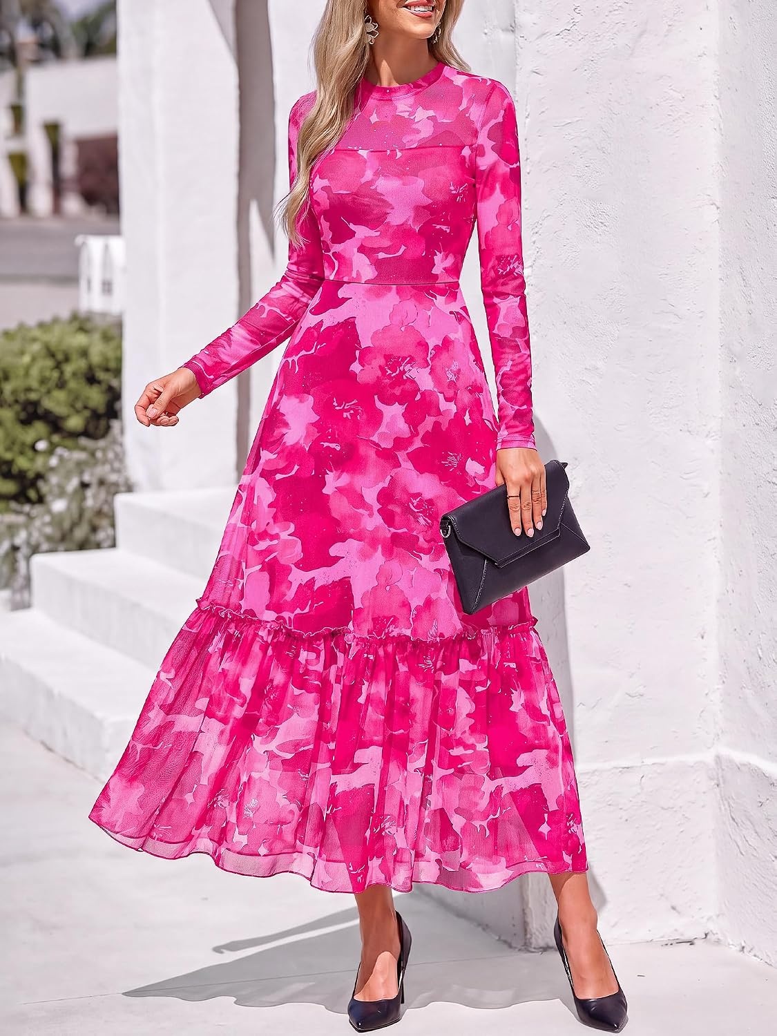 image:imageBTFBM Boho Mesh Long Sleeve Dress for WomenFloral Pink