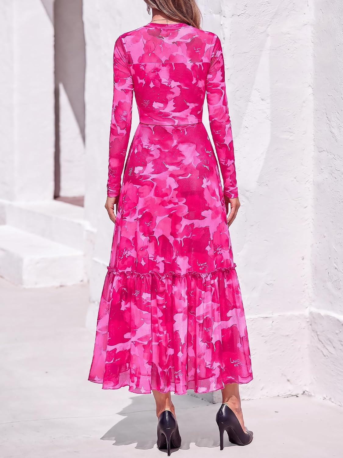 image:imageBTFBM Boho Mesh Long Sleeve Dress for WomenFloral Pink