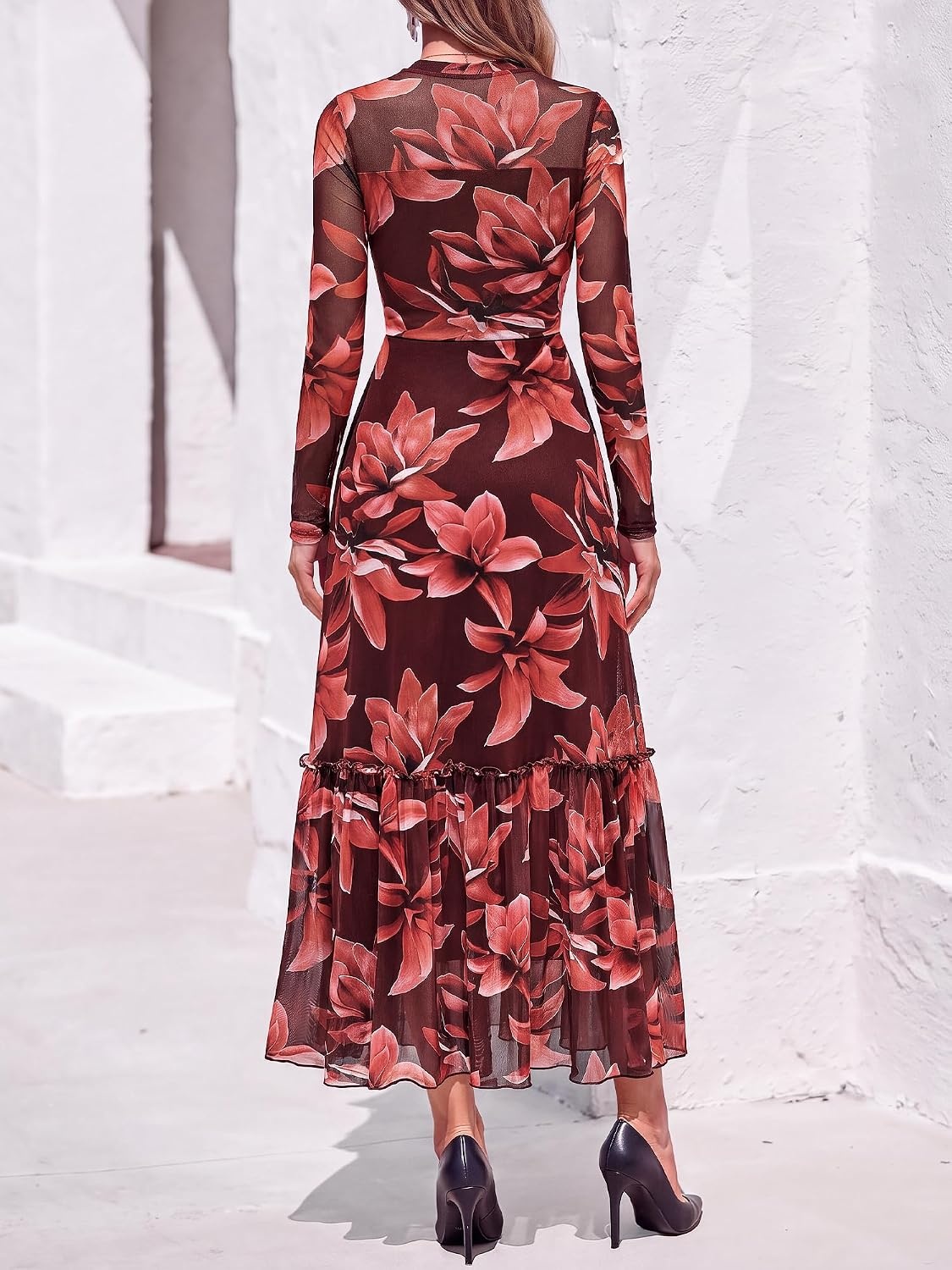 image:imageBTFBM Boho Mesh Long Sleeve Dress for WomenFloral Red Brown