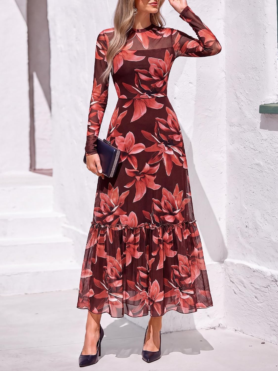 image:imageBTFBM Boho Mesh Long Sleeve Dress for WomenFloral Red Brown