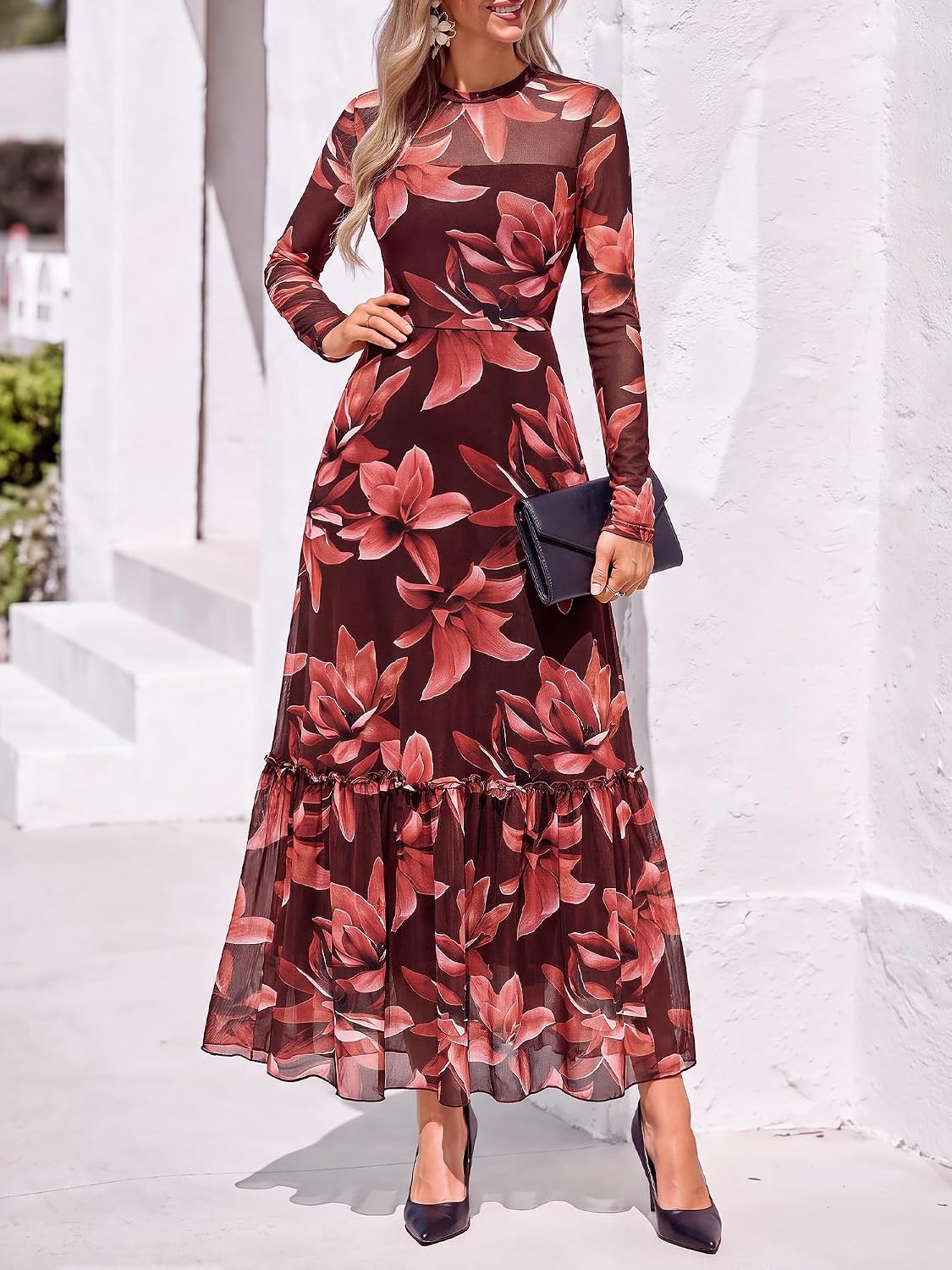 image:imageBTFBM Boho Mesh Long Sleeve Dress for WomenFloral Red Brown