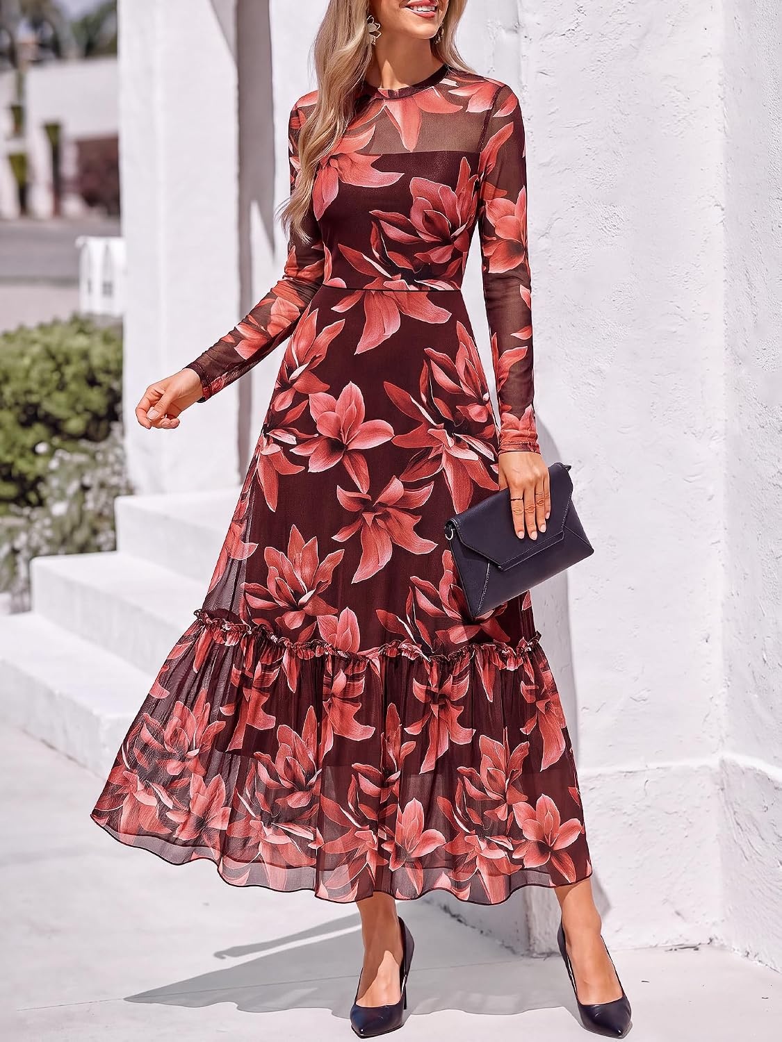 image:imageBTFBM Boho Mesh Long Sleeve Dress for WomenFloral Red Brown