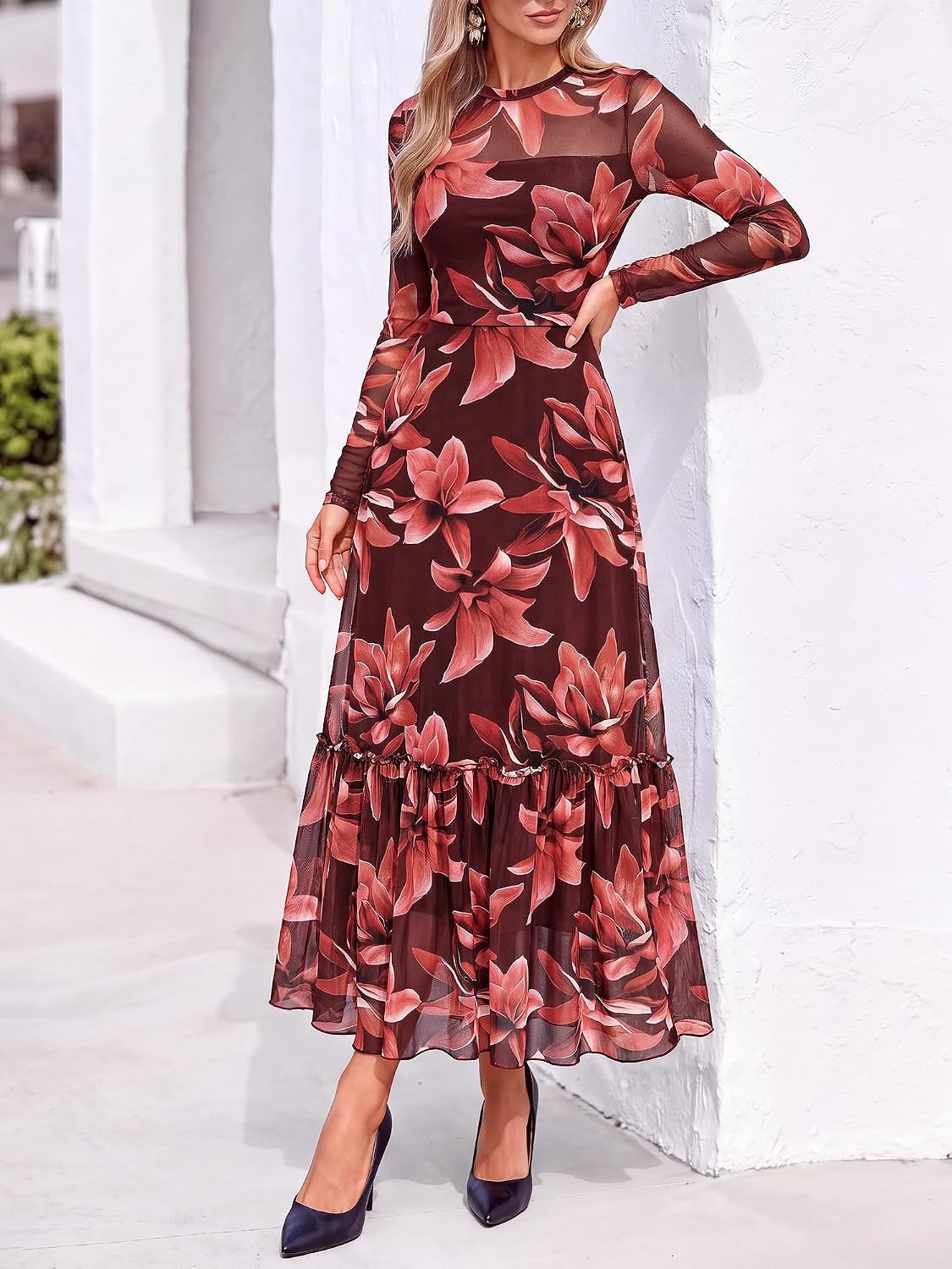 image:imageBTFBM Boho Mesh Long Sleeve Dress for WomenFloral Red Brown