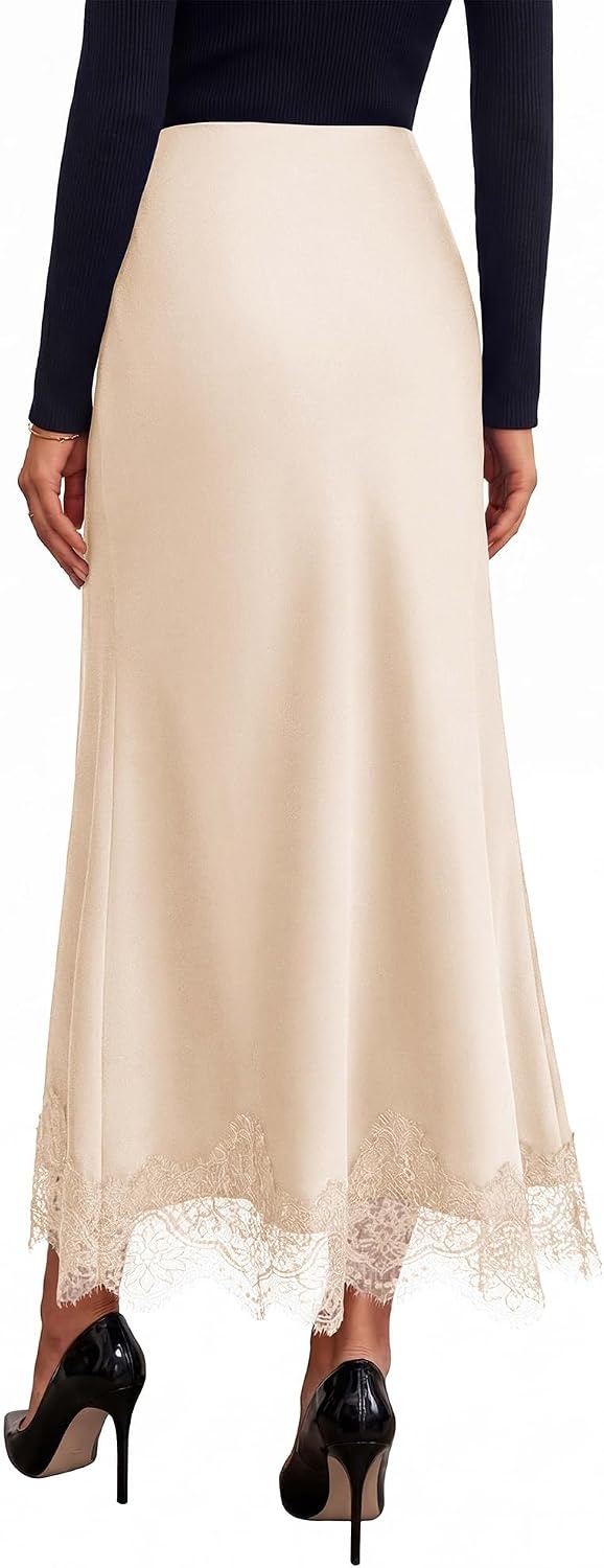image:imageBTFBM Lace Trim Satin Skirts for Women ElegantBeige