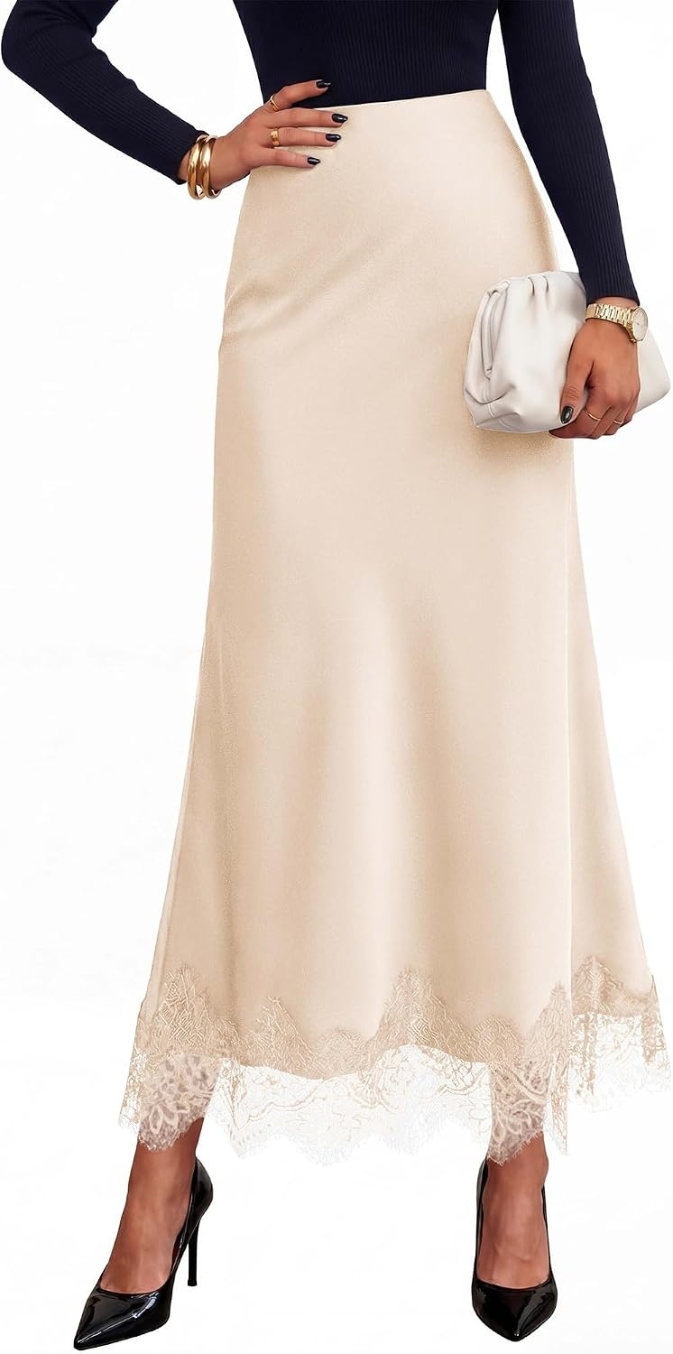 image:imageBTFBM Lace Trim Satin Skirts for Women ElegantBeige