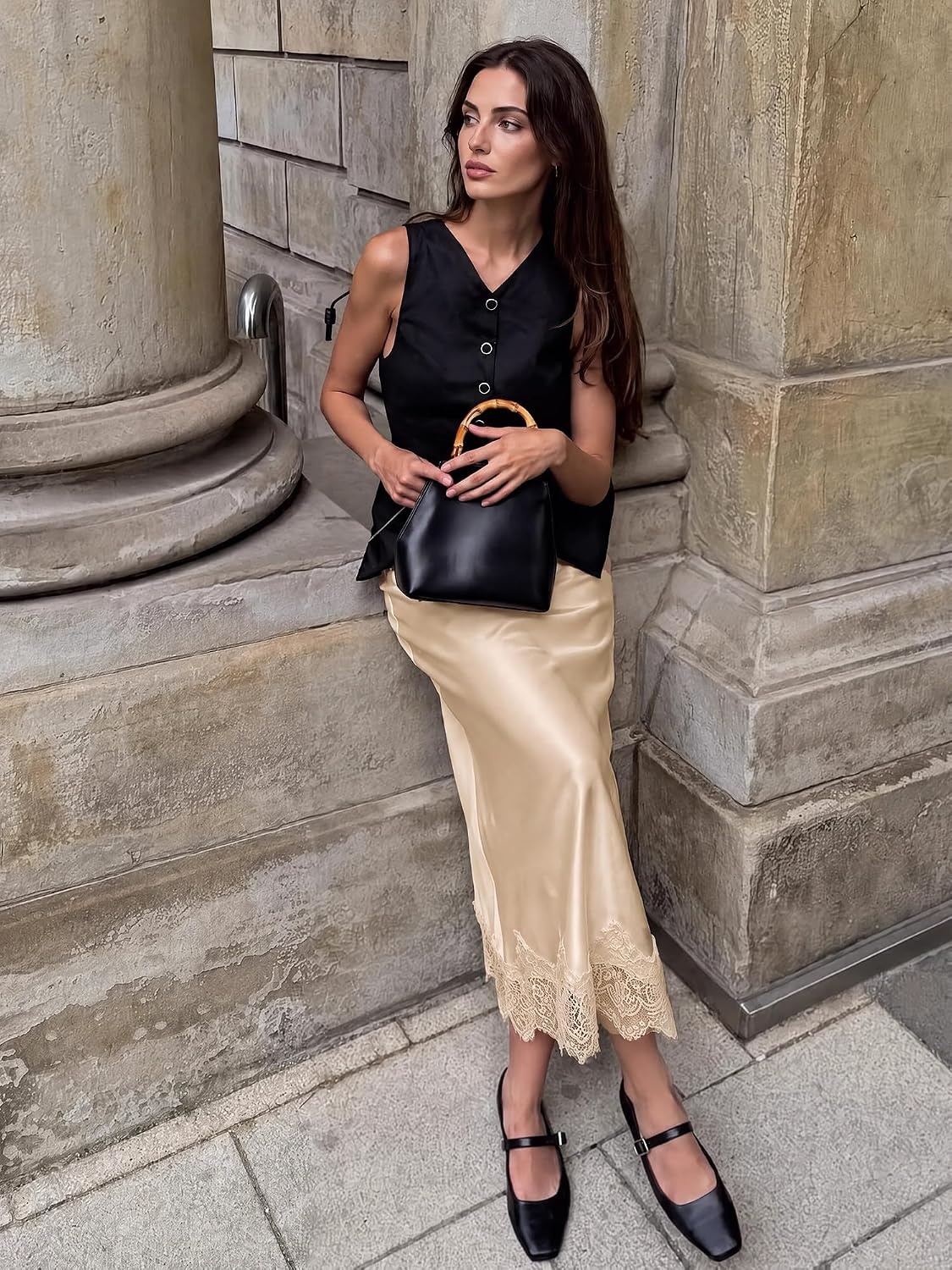 image:imageBTFBM Lace Trim Satin Skirts for Women ElegantBeige