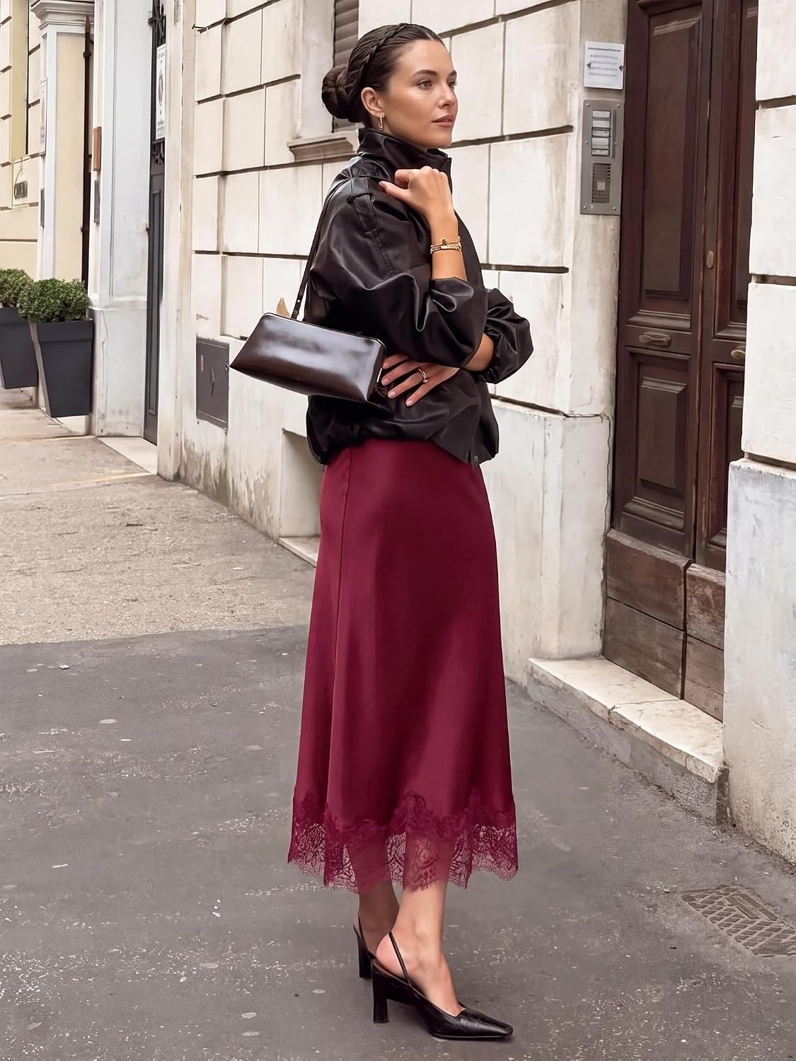 image:imageBTFBM Lace Trim Satin Skirts for Women ElegantBurgundy