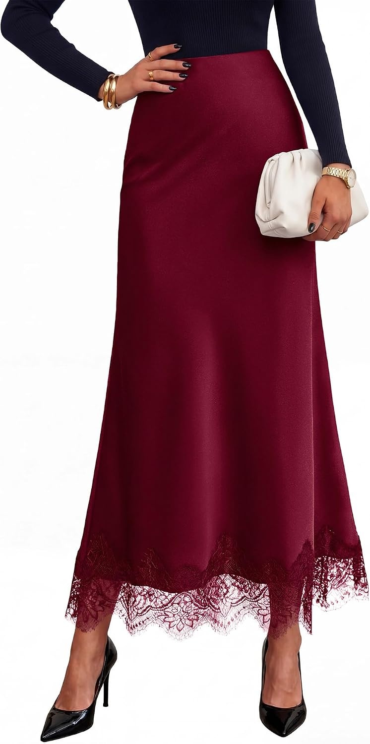image:imageBTFBM Lace Trim Satin Skirts for Women ElegantBurgundy