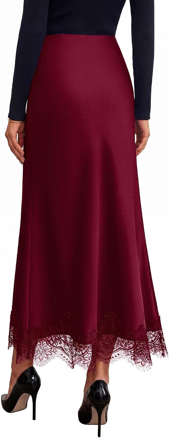 image:imageBTFBM Lace Trim Satin Skirts for Women ElegantBurgundy