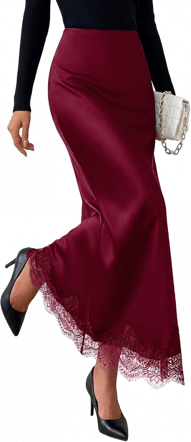 image:imageBTFBM Lace Trim Satin Skirts for Women ElegantBurgundy