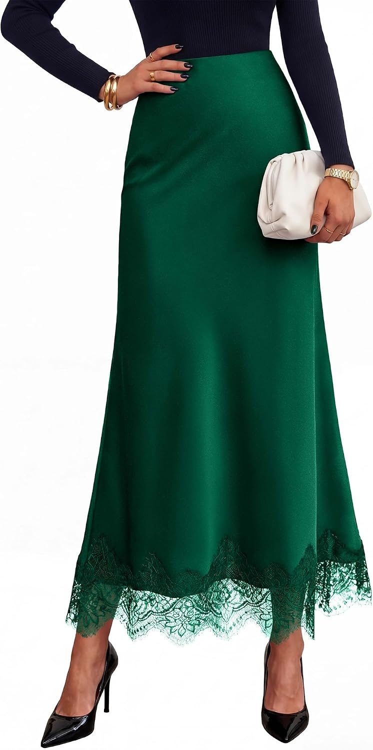 image:imageBTFBM Lace Trim Satin Skirts for Women ElegantDark Green