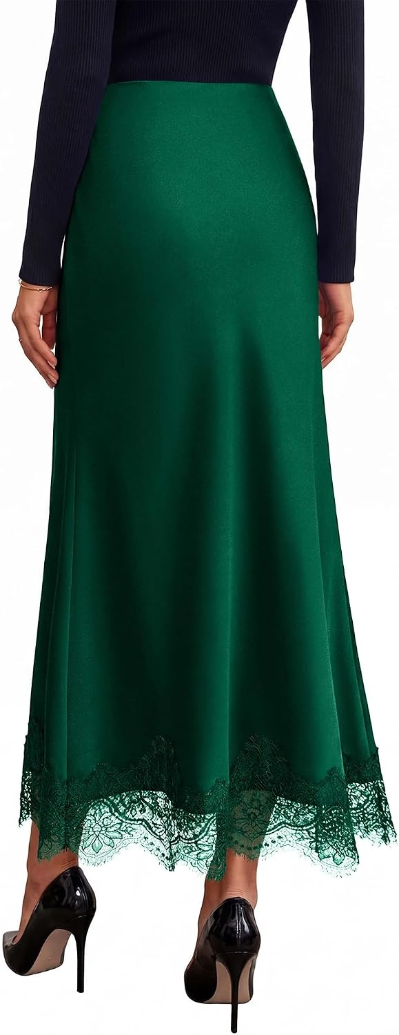 image:imageBTFBM Lace Trim Satin Skirts for Women ElegantDark Green