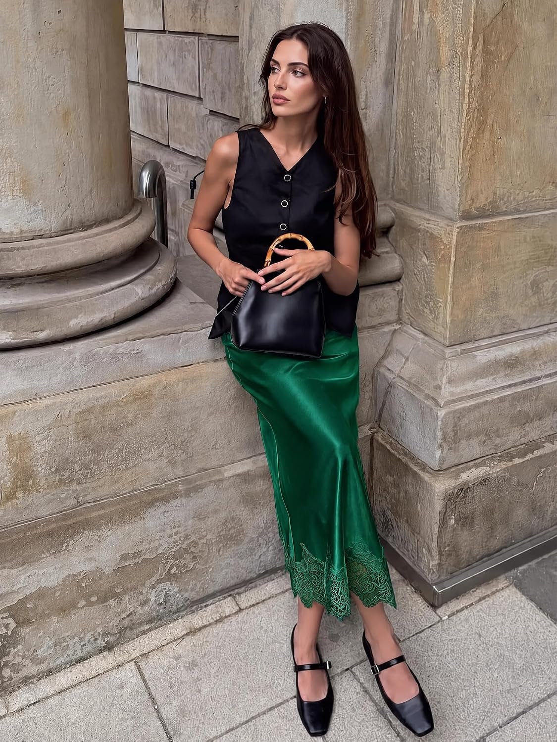 image:imageBTFBM Lace Trim Satin Skirts for Women ElegantDark Green