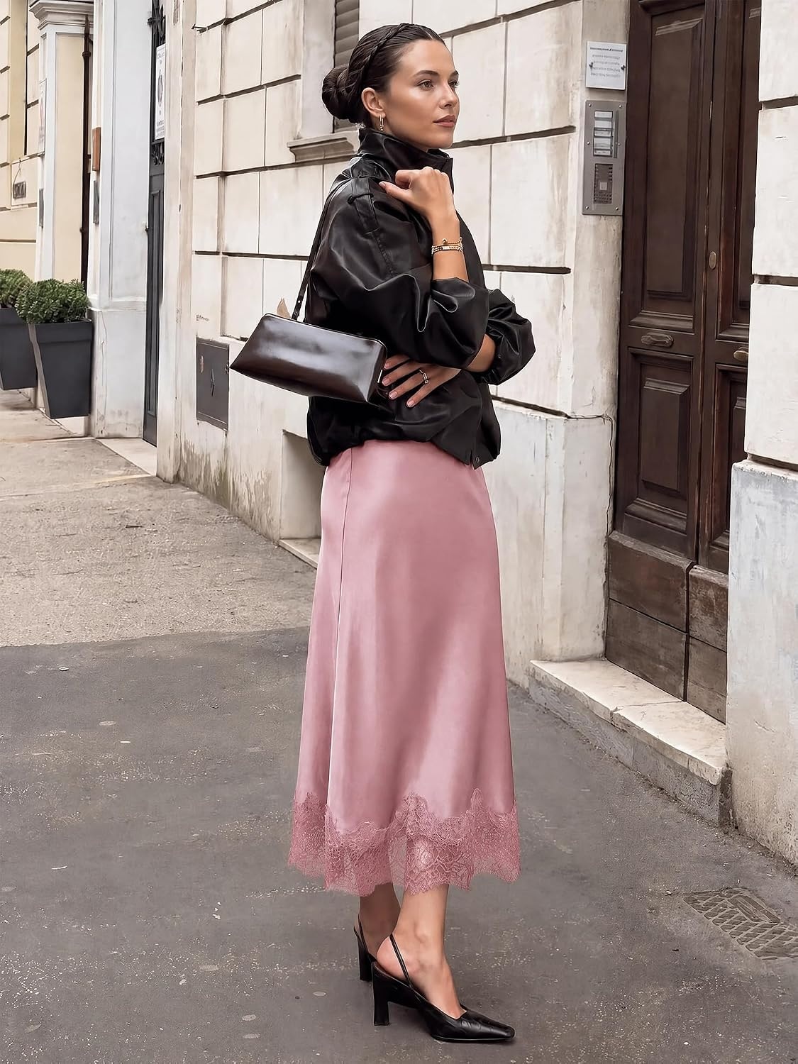 image:imageBTFBM Lace Trim Satin Skirts for Women ElegantPink