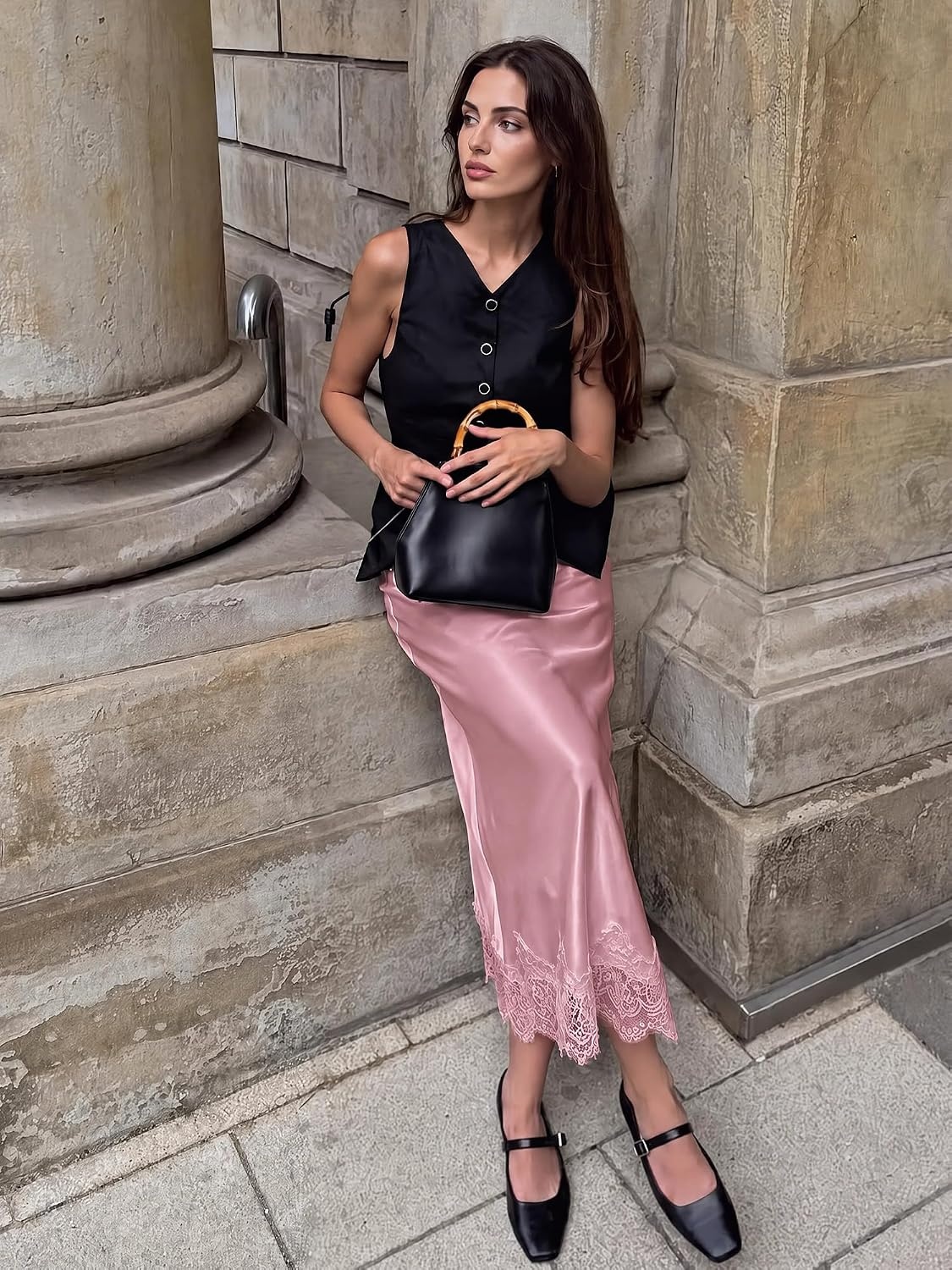 image:imageBTFBM Lace Trim Satin Skirts for Women ElegantPink