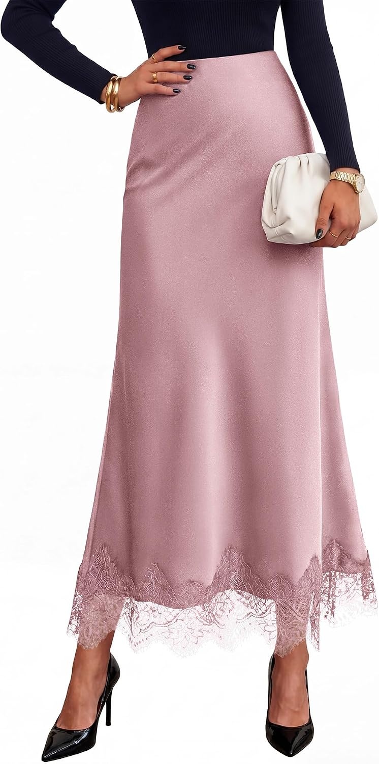 image:imageBTFBM Lace Trim Satin Skirts for Women ElegantPink
