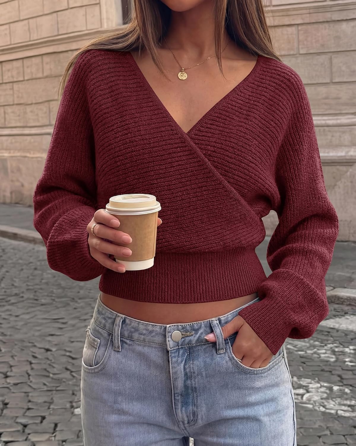 image:imageBTFBM Ribbed Knit V Neck Wrap Cross Sweaters for Women Fall Outfits 2026Burgundy