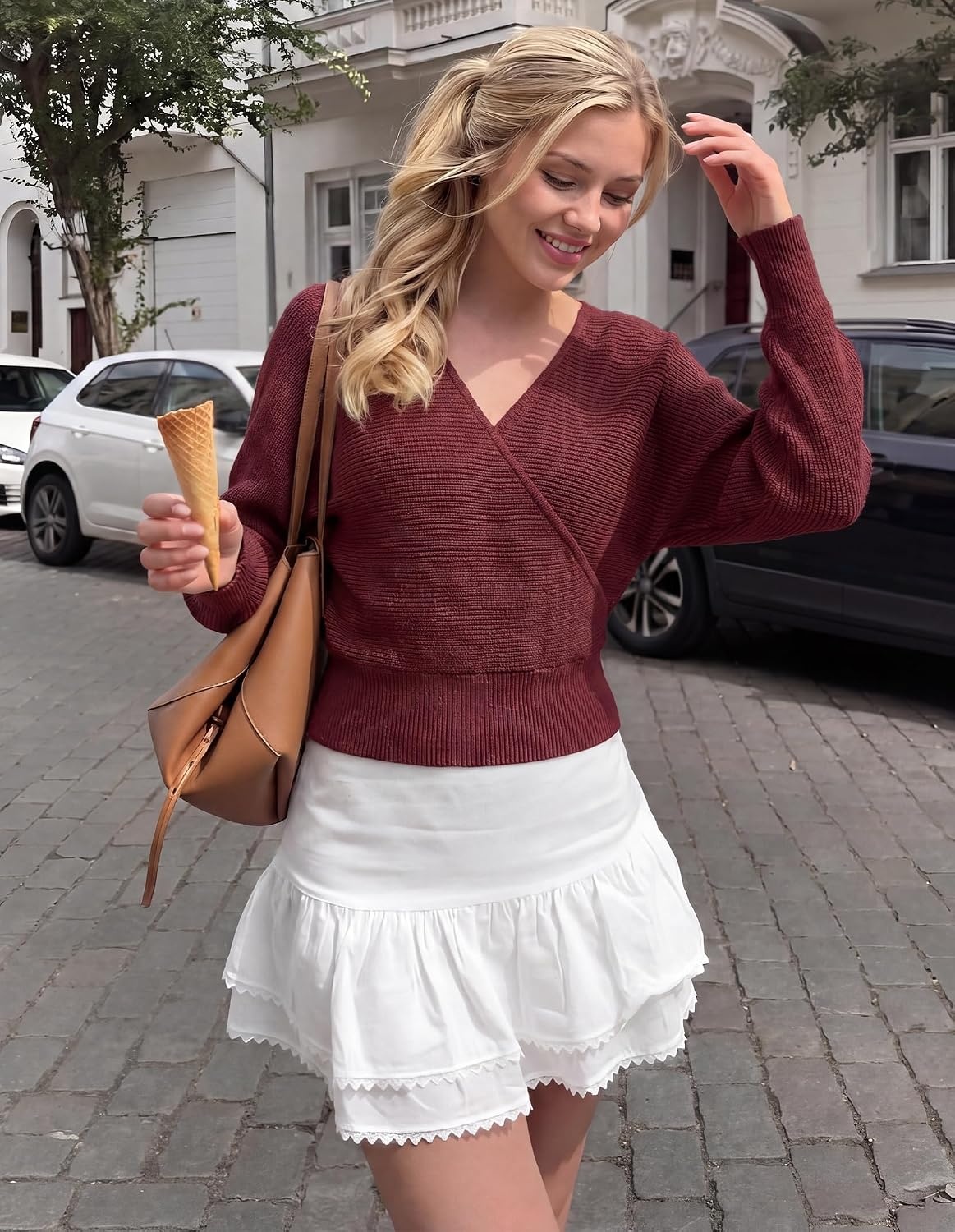 image:imageBTFBM Ribbed Knit V Neck Wrap Cross Sweaters for Women Fall Outfits 2026Burgundy