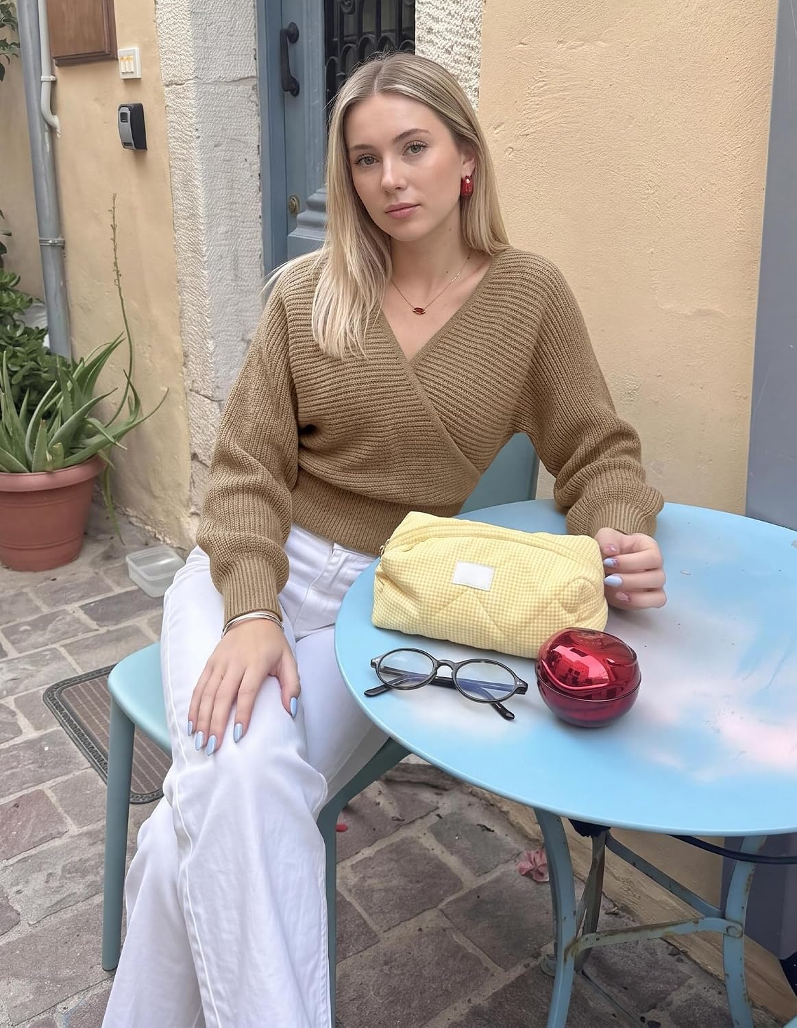 image:imageBTFBM Ribbed Knit V Neck Wrap Cross Sweaters for Women Fall Outfits 2026Camel