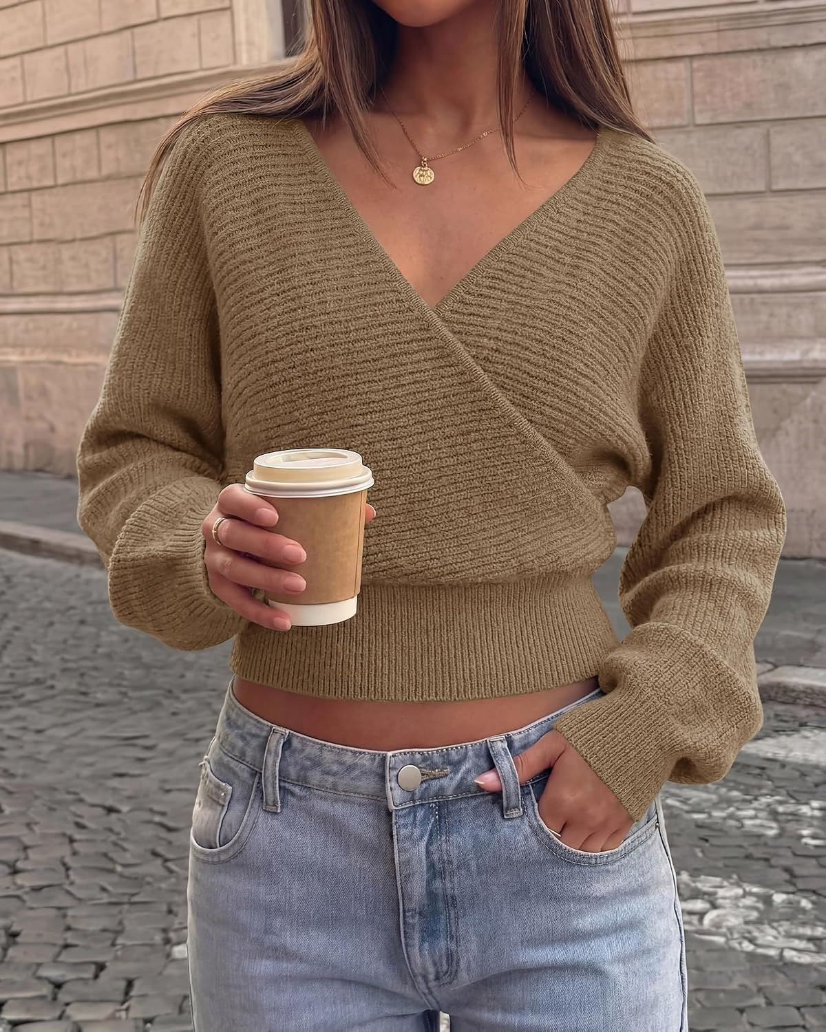 image:imageBTFBM Ribbed Knit V Neck Wrap Cross Sweaters for Women Fall Outfits 2026Camel