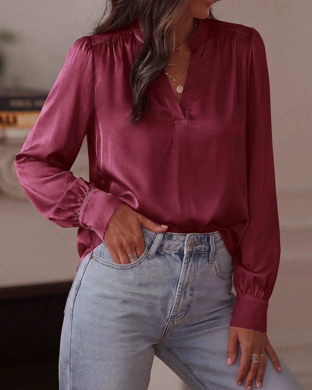 image:imageBTFBM Satin Blouses for Women Dressy Casual Work Fall Long Sleeve ShirtsBurgundy