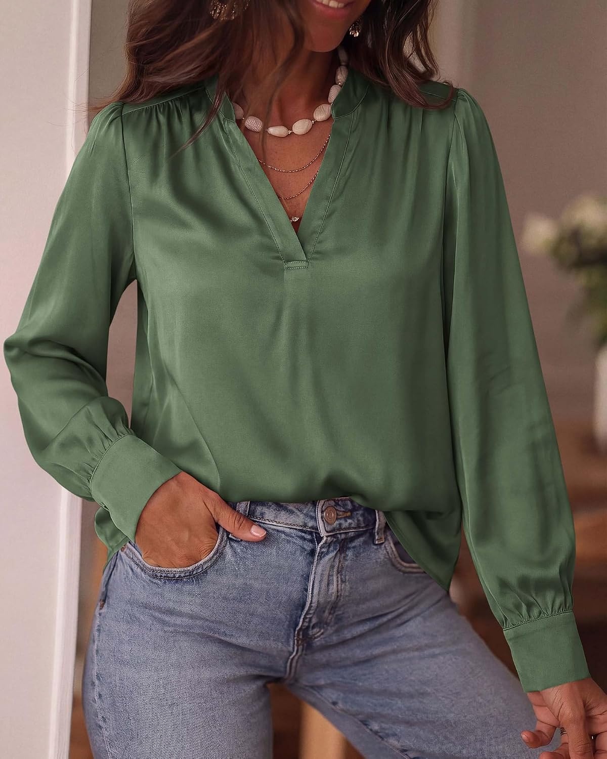 image:imageBTFBM Satin Blouses for Women Dressy Casual Work Fall Long Sleeve ShirtsDark Green