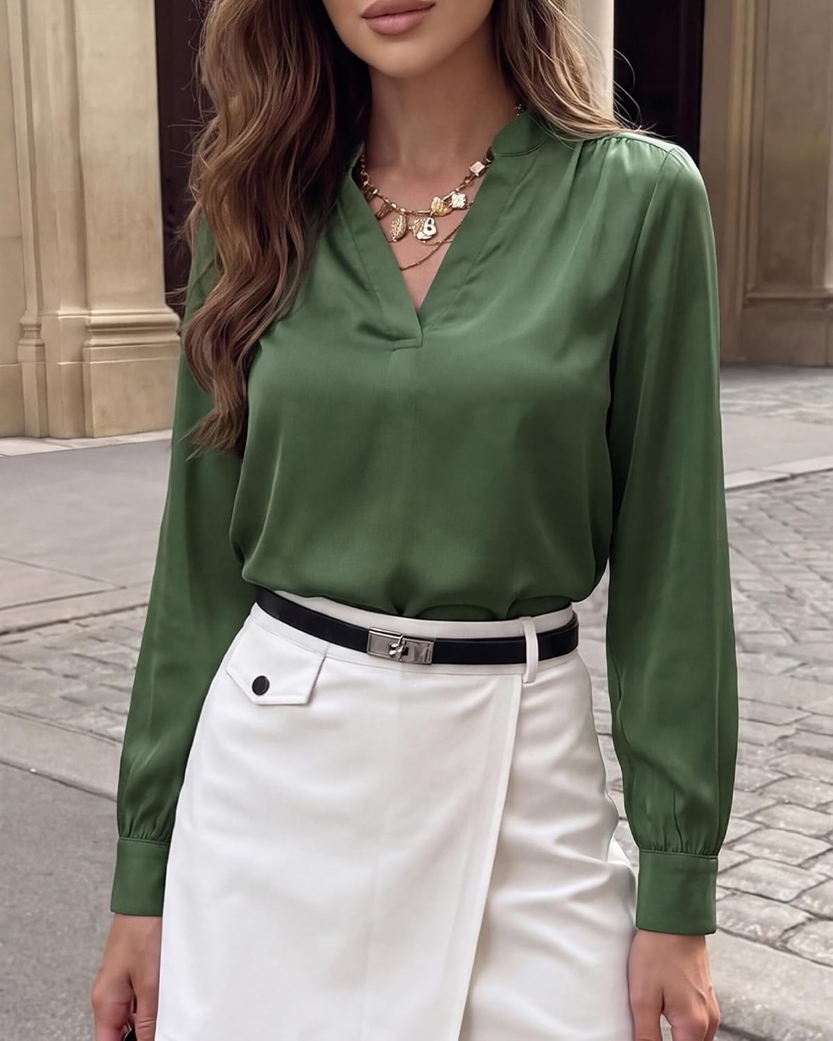 image:imageBTFBM Satin Blouses for Women Dressy Casual Work Fall Long Sleeve ShirtsDark Green