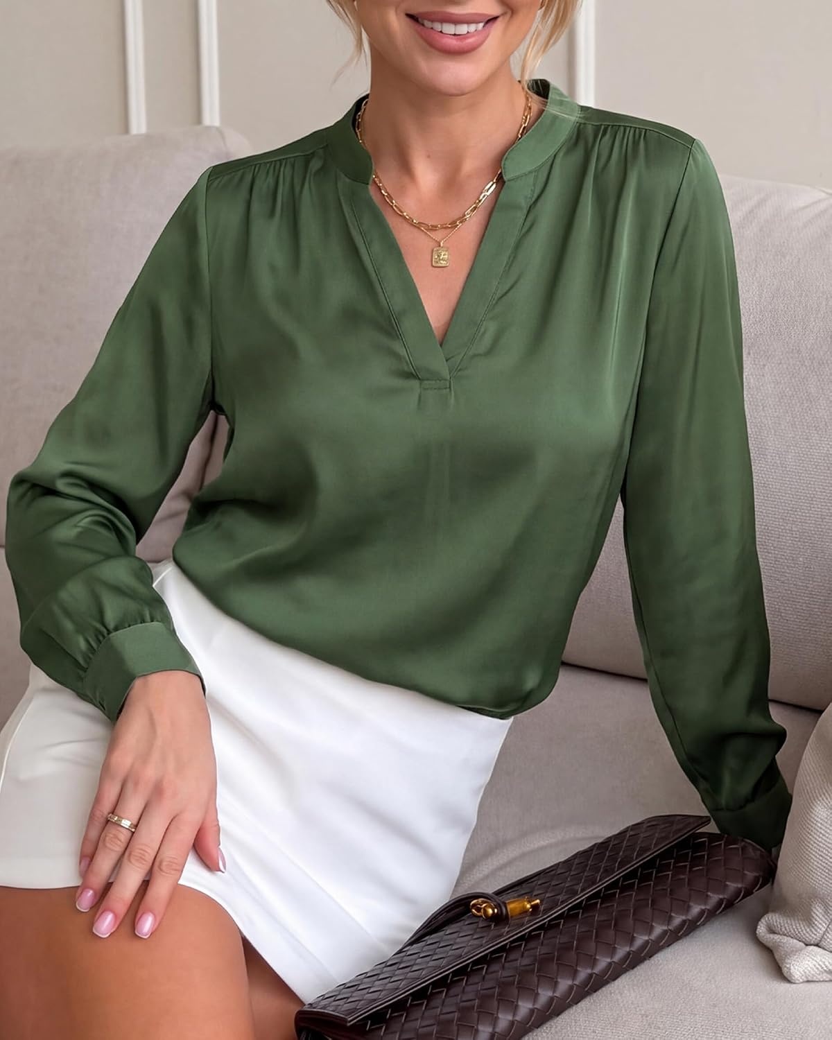 image:imageBTFBM Satin Blouses for Women Dressy Casual Work Fall Long Sleeve ShirtsDark Green