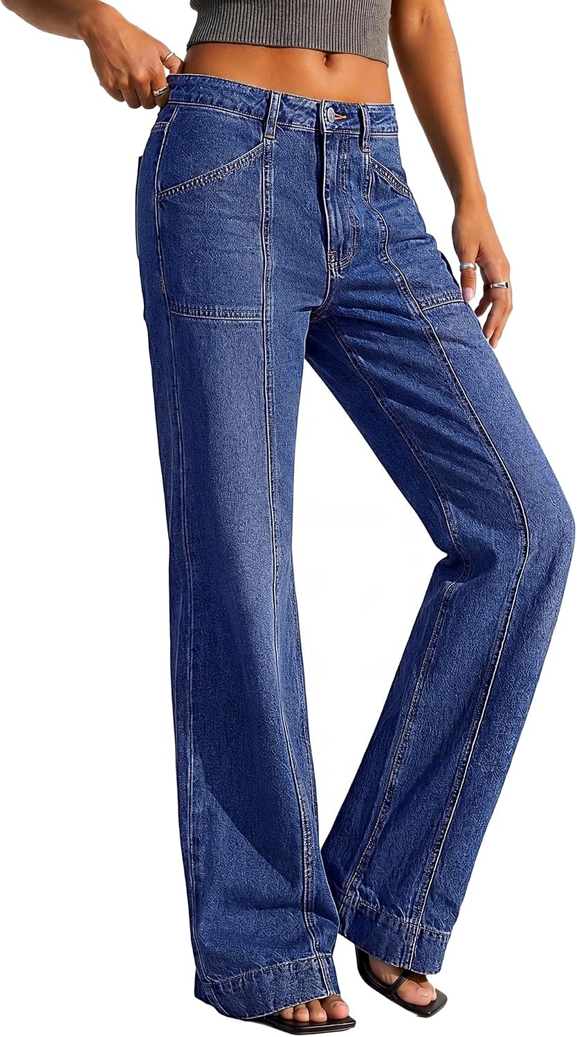 image:imageBTFBM Straight Leg Jeans for Women Stretchy Curve Appeal PantsDark Blue