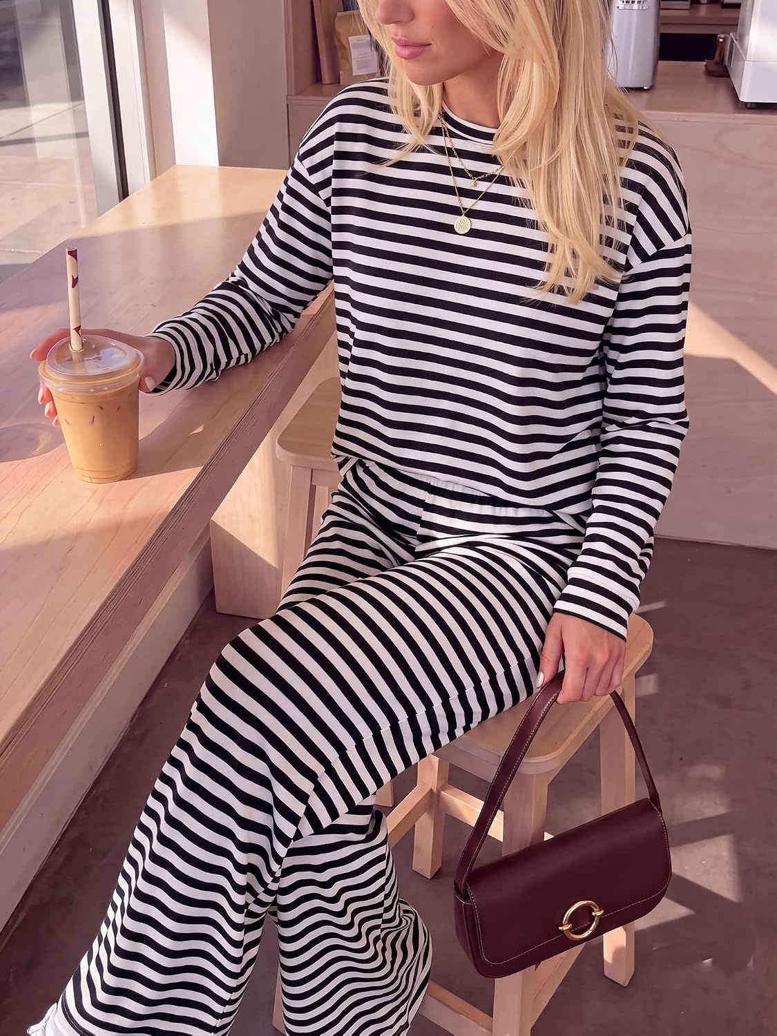 image:imageBTFBM Striped Lounge Set Women 2 Piece Outfit TracksuitBlack White