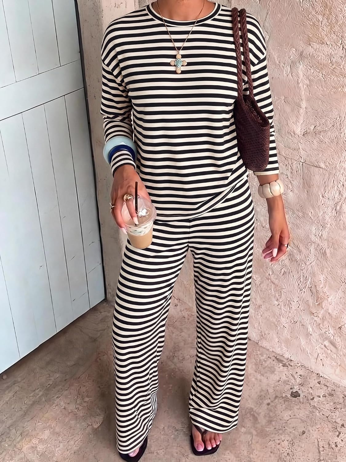 image:imageBTFBM Striped Lounge Set Women 2 Piece Outfit TracksuitBlack White