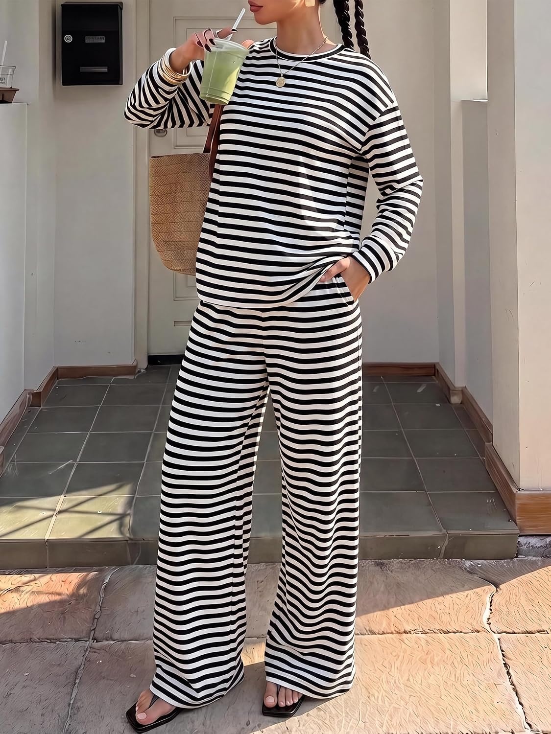 image:imageBTFBM Striped Lounge Set Women 2 Piece Outfit TracksuitBlack White