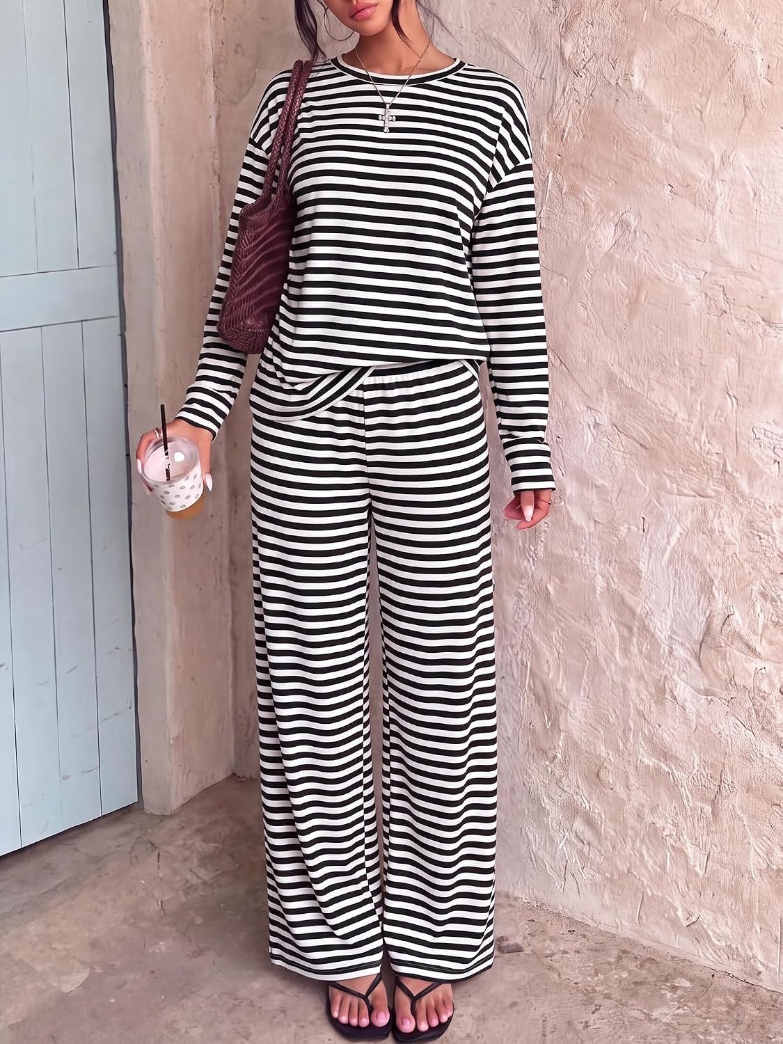 image:imageBTFBM Striped Lounge Set Women 2 Piece Outfit TracksuitBlack White