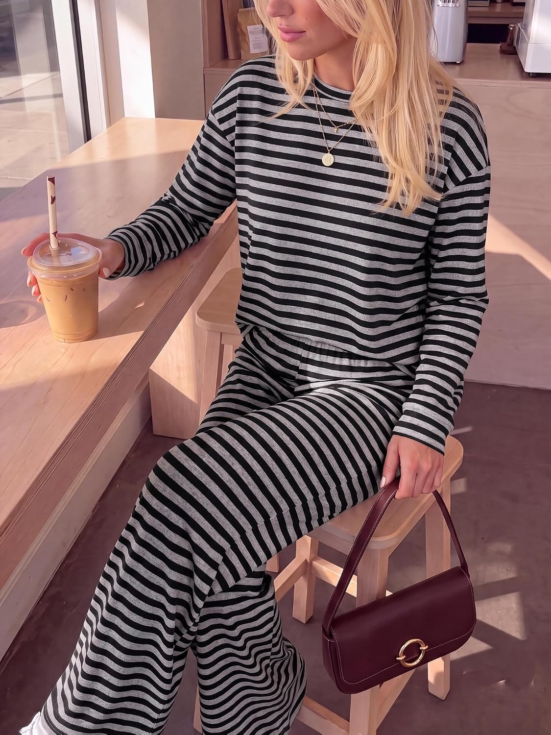 image:imageBTFBM Striped Lounge Set Women 2 Piece Outfit TracksuitGrey Black