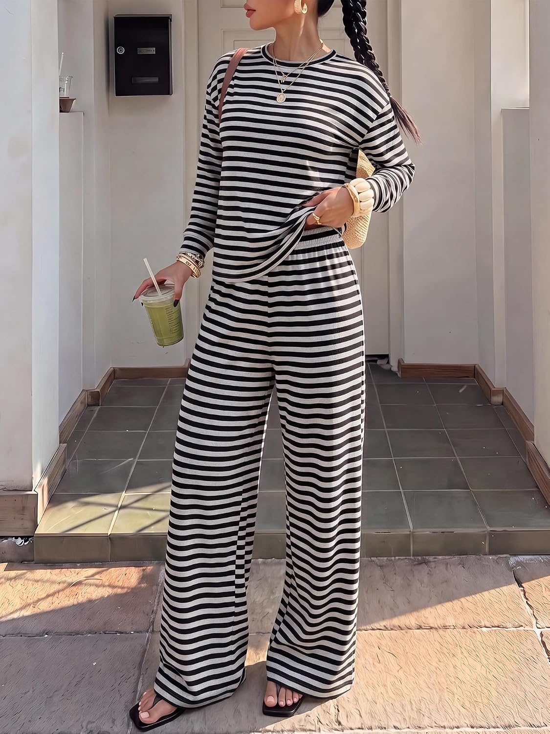 image:imageBTFBM Striped Lounge Set Women 2 Piece Outfit TracksuitGrey Black