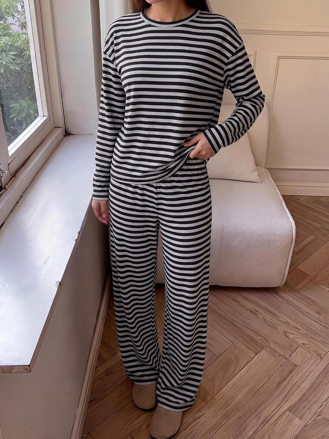 image:imageBTFBM Striped Lounge Set Women 2 Piece Outfit TracksuitGrey Black