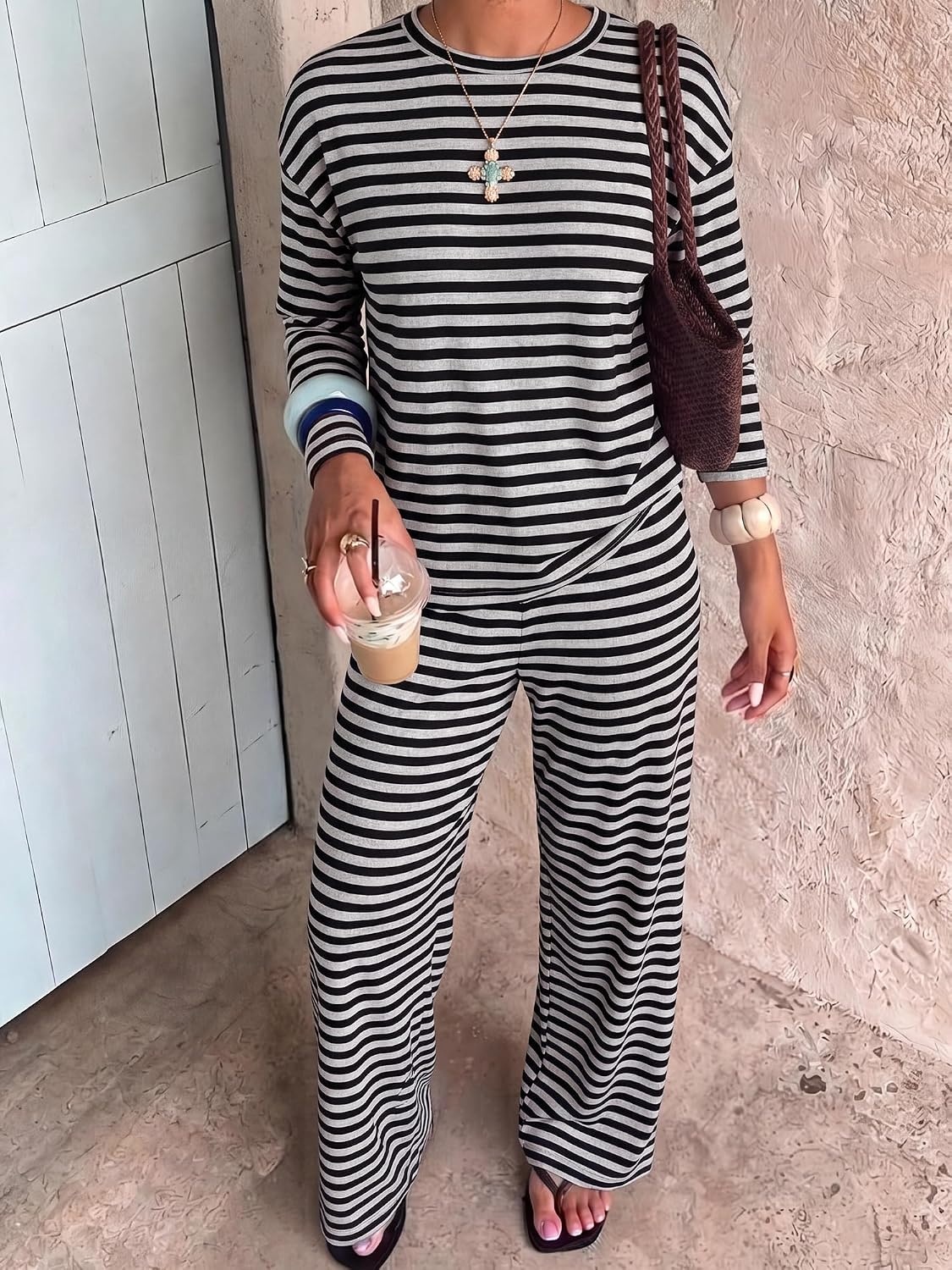 image:imageBTFBM Striped Lounge Set Women 2 Piece Outfit TracksuitGrey Black