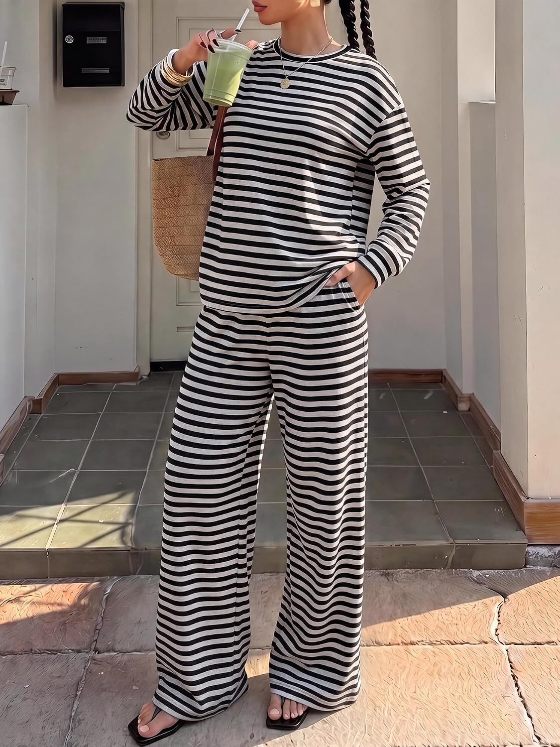 image:imageBTFBM Striped Lounge Set Women 2 Piece Outfit TracksuitGrey Black