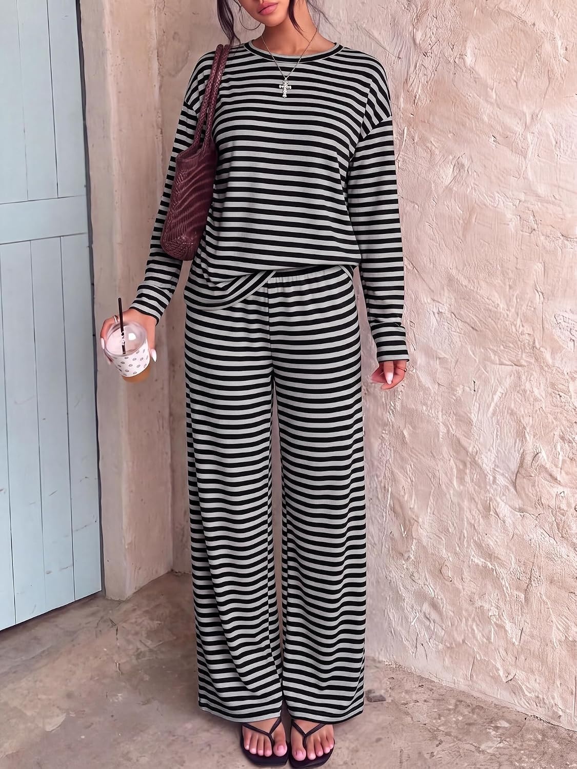 image:imageBTFBM Striped Lounge Set Women 2 Piece Outfit TracksuitGrey Black
